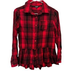 George Red and Black Plaid Button Down Blouse with Ruffle Bottom